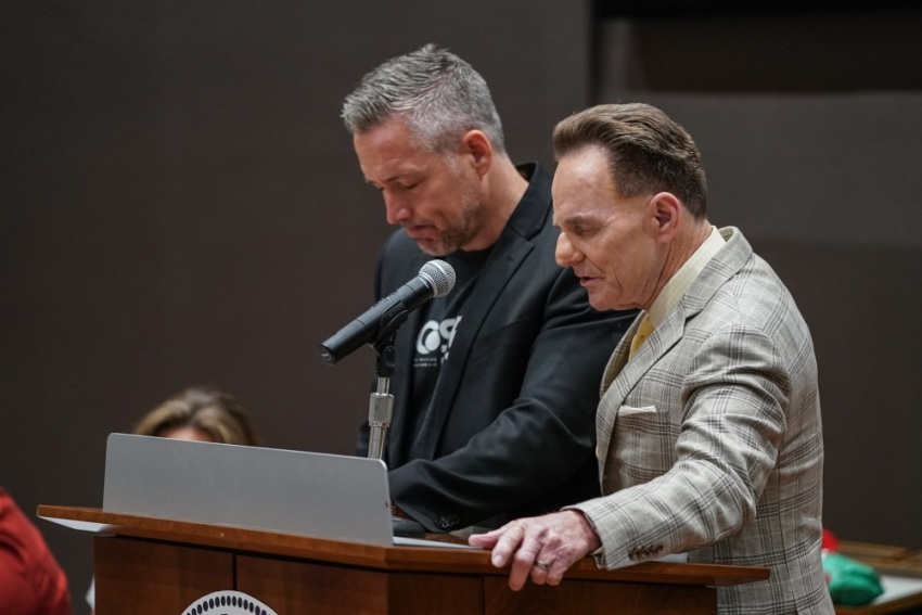 Ronnie Floyd (right) president and CEO of the Southern Baptist Convention's (SBC) Executive Committee and former president of the SBC, prays over J.D. Greear, current president of the SBC, during the Executive Committee's meeting June 10, 2019 at the Sheraton Hotel in Birmingham, Ala.