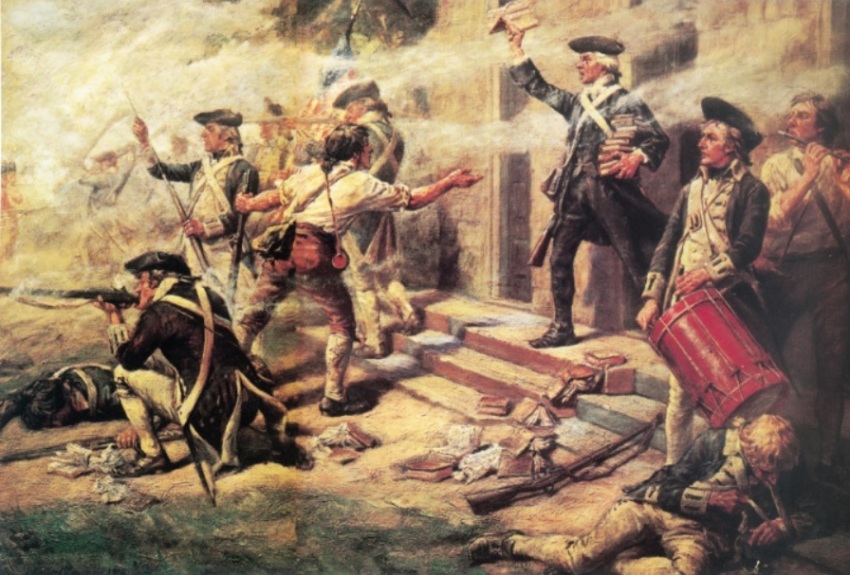 An early twentieth century painting depicting the Battle of Springfield, New Jersey, which occurred in 1780 during the American Revolution.