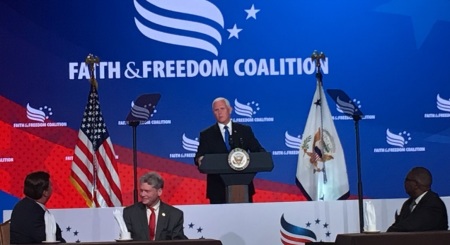 Vice President Mike Pence speaks at the Faith & Freedom Coalition's annual gala dinner in Washington, D.C. on June 29, 2019.