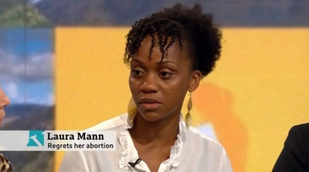 Laura Mann, a woman who had an abortion at age 19 and came to regret it, speaks on a BBC Two program in July 2019.