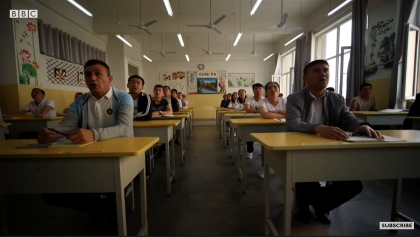 Detainees participate in a class at a "training education" center established by the Chinese government in the Xinjiang region. It is believed that as many as 3 million minorities have been imprisoned in these camps. 