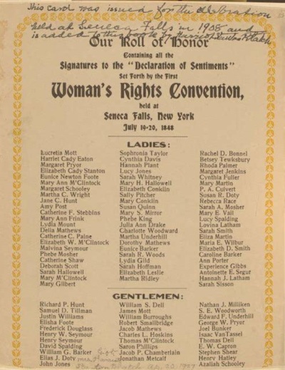 A list of the signers of the Declaration of Sentiments, signed at the Seneca Falls Convention held at Wesley Chapel in 1848.