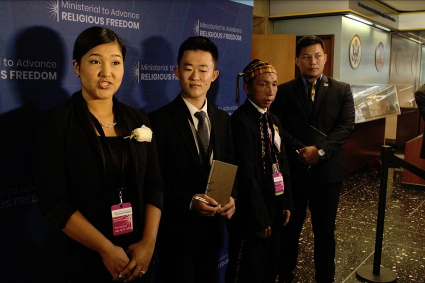 Wai Wai Nu (L) speaks with reporters during the U.S. State Department's Ministerial to Advance Religious Freedom at the Harry S. Truman Building in Washington, D.C. on July 17, 2019.
