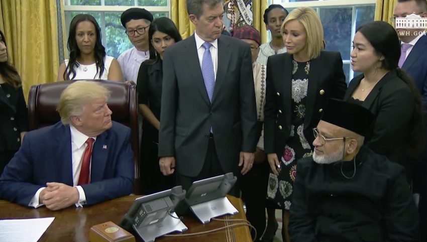 Jewher Ilham talks with U.S. President Donald Trump at the White House on July 17, 2019.