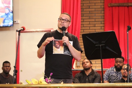 Activist Shaun King speaks at the fifth anniversary memorial event marking the death of Eric Garner at Canaan Baptist Church in Harlem, New York, on July 30, 2019.
