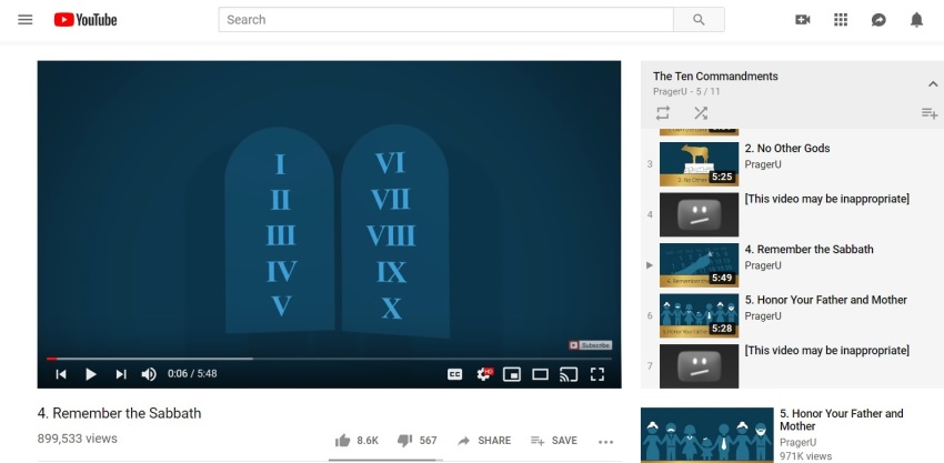 A screengrab taken on Wednesday, August 21, 2019 of a YouTube playlist featuring PragerU videos on the Ten Commandments. Some of the videos were restricted for possible mature content.
