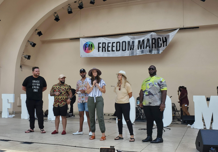 Former LGBT persons testify at Freedom March at Lake Eola Park in Orlando, Florida, on Sept. 14, 2019.
