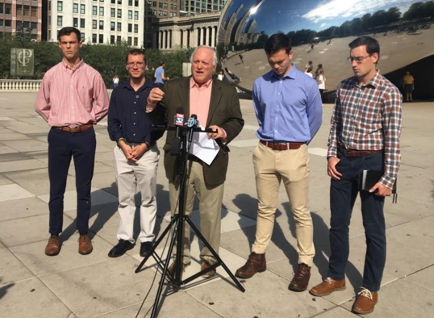 Attorney John Mauck speaks during a press conference about a legal complaint filed on behalf of four Wheaton College students at Millennium Park in Chicago, Illinois, on Sept. 18, 2019.