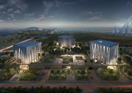 Architectural depiction of an aerial view of the Abrahamic Family House to be built in the United Arab Emirates.