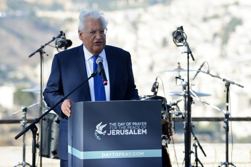 U.S. Ambassador to Israel David Freidman speaks at the the Global Day of Prayer for the Peace of Jerusalem event at the Tayelet Haas Promenade in Jerusalem.
