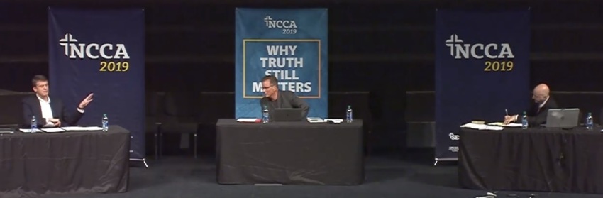 Dialogue and debate over the nature of biblical inerrancy at the Southern Evangelical Seminary's 26th annual National Conference on Christian Apologetics, held Oct. 11-12 at Calvary Church in Charlotte, North Carolina. From left to right: Mike Licona, associate professor of theology at Houston Baptist University and president of Risen Jesus, Inc.; Frank Turek writer and radio host; and Richard G. Howe, professor emeritus of Philosophy and Apologetics at Southern Evangelical Seminary.
