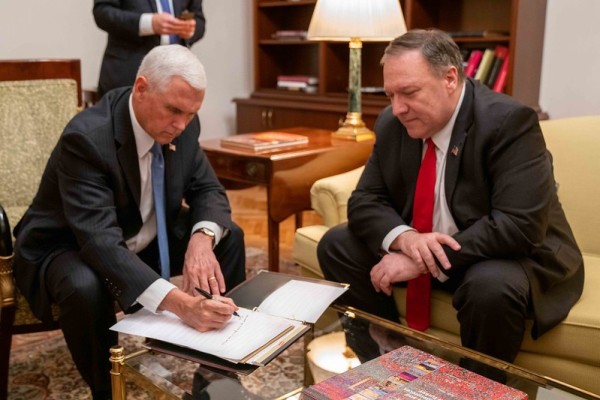 Vice President Mike Pence and U.S. Secretary of State Michael R. Pompeo prepare for a joint press conference in Ankara, Turkey on October 17, 2019.