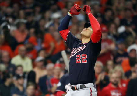 Juan Soto No. 22 of the Washington Nationals celebrates his solo home run against the Houston Astros during the fourth inning in Game One of the 2019 World Series at Minute Maid Park on October 22, 2019, in Houston, Texas.