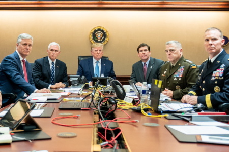 President Donald J. Trump is joined by Vice President Mike Pence, National Security Advisor Robert O’Brien, left; Secretary of Defense Mark Esper and Chairman of the Joint Chiefs of Staff U.S. Army General Mark A. Milley, and Brig. Gen. Marcus Evans, Deputy Director for Special Operations on the Joint Staff, at right, Saturday, Oct. 26, 2019, in the Situation Room of the White House monitoring developments as U.S. Special Operations forces close in on notorious ISIS leader Abu Bakr al-Baghdadi’s compound in Syria with a mission to kill or capture the terrorist.