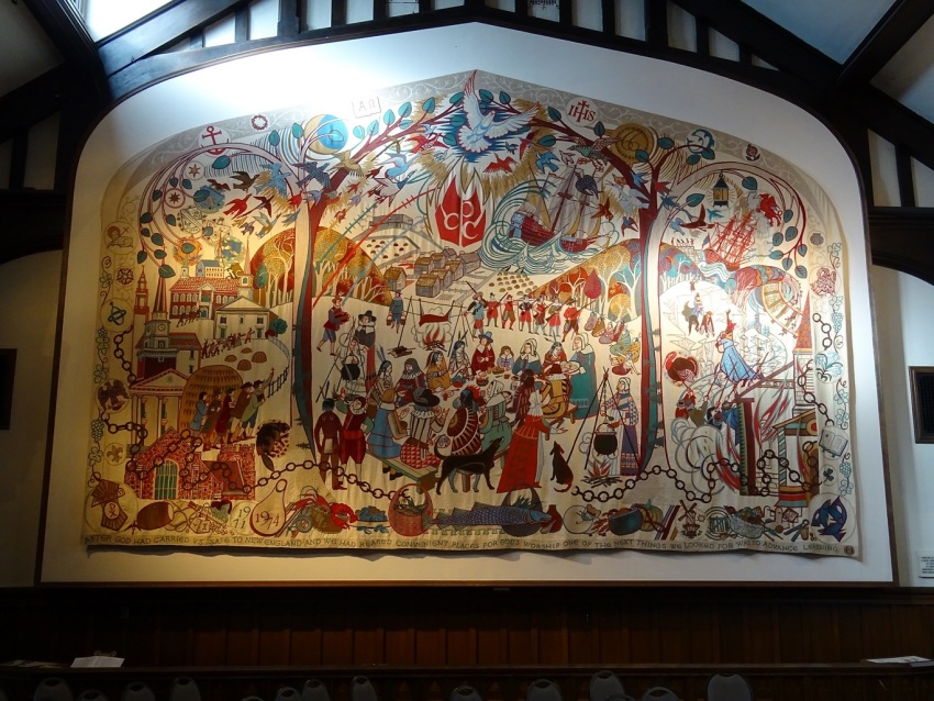The "Churchmen in the New World" embroidery, first put on display at Plymouth Congregational Church of Minneapolis, Minnesota, in 1974. On Nov. 10, 2019, the congregation voted to remove it. 