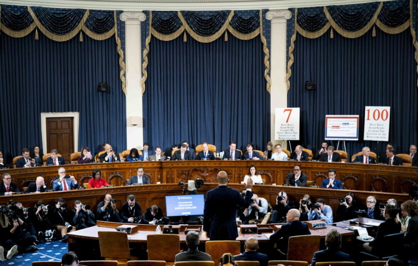 Ambassador Gordon Sondland, U.S. Ambassador to the European Union as he appears before the House Permanent Select Committee on Intelligence on Capitol Hill during the House impeachment inquiry hearings in the Longworth House Office Building on Capitol Hill November 20, 2019 in Washington, DC.