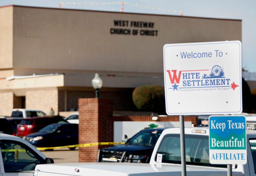 An exterior view of West Freeway Church of Christ where a shooting took place during services on December 29, 2019, in White Settlement, Texas. The gunman was killed by armed members of the church after he opened fire during Sunday services. According to reports, a security guard was killed by the assailant and one other person has life-threatening injuries.