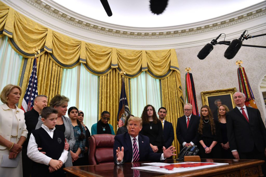 U.S. President Donald Trump participates in the Announcement of the Guidance on Constitutional Prayer in Public Schools, at the White House in Washington, D.C., on January 16, 2020.