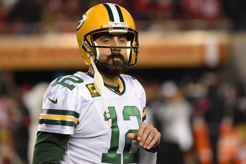 Aaron Rodgers No. 12 of the Green Bay Packers reacts after a play against the San Francisco 49ers during the NFC Championship game at Levi's Stadium on January 19, 2020, in Santa Clara, California.