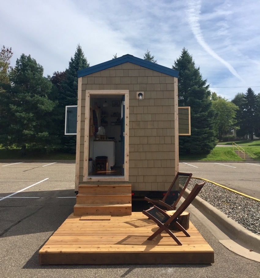 The exterior of a tiny house prototype for a planned community for homeless veterans at the property of Faith Lutheran Church of Forest Lake, Minnesota.