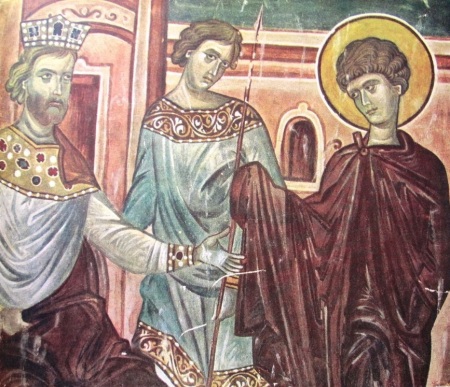 A fourteenth century mural depicting St. George before Roman Emperor Diocletian.