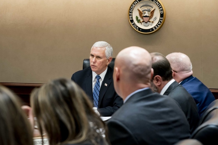 Vice President Mike Pence participates in a video teleconference call with Governors and the White House Coronavirus Task Force Monday, March 2, 2020, in the White House Situation Room.