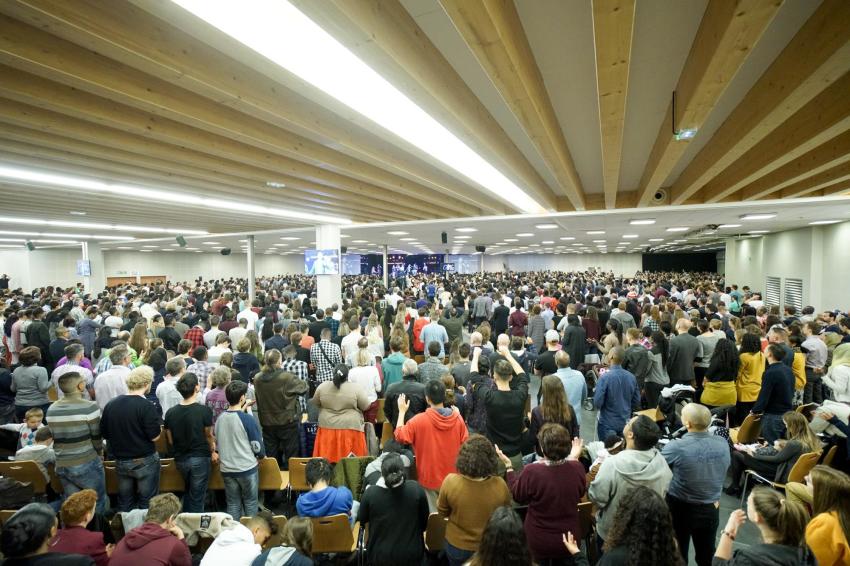 Attendees gather at the Christian Open Door Church in Mulhouse, France in February 2017.