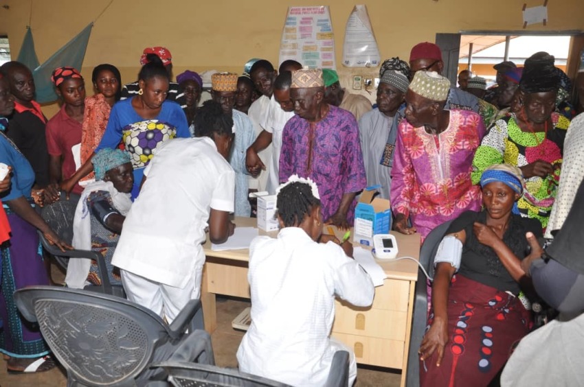 Residents of the Agatu local government area of Benue, Nigeria wait in line during a health outreach organized by the Agatu Resource & Innovation Centre.