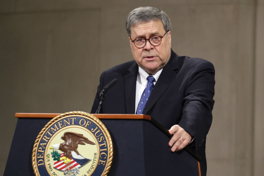 U.S. Attorney General William Barr delivers remarks during a farewell ceremony for Deputy Attorney General Rod Rosenstein at the Robert F. Kennedy Main Justice Building May 09, 2019, in Washington, D.C.