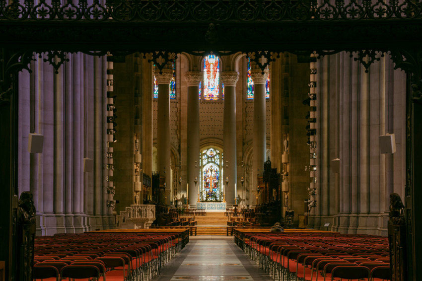 Looking down the nave of the Cathedral of St. John the Divine in New York City.