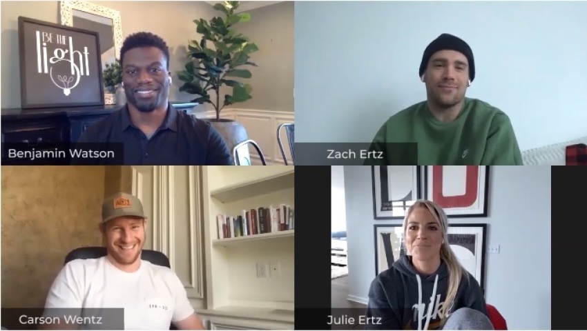 Benjamin Watson (upper-left), Zach Ertz (upper-right), Carson Wentz (bottom-left) and Julie Ertz (bottom-right) participate in an episode of "Huddle Up!" sponsored by the Fellowship of Christian Athletes and Pro Athletes Outreach. 