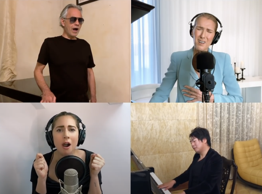(L to R clockwise) Andrea Bocelli, Celine Dion, Lady Gaga, and Lang Lang perform "The Prayer" during One World: Together at Home on April 18, 2020. 