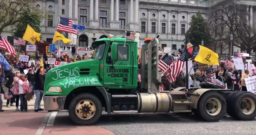 Residents protest a stay-at-home order outside the state Capitol in Harrisburg, Pennsylvania, on April 20, 2020.