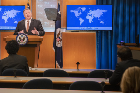 Secretary of State Michael R. Pompeo delivers remarks in the Press Briefing Room, at the Department of State on March 25, 2020.