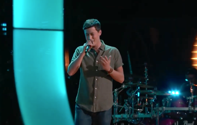 Micah Iverson sings on "The Voice," 2020.