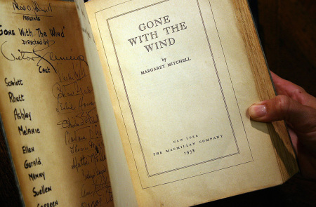 A copy of the book "Gone With the Wind" by Margaret Mitchell, signed by producer, director, and most of speaking cast of the 1939 Hollywood film, is pictured October 18, 2007, in Los Angeles, California.