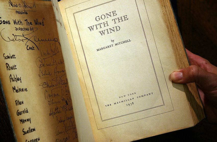 A copy of the book "Gone With the Wind" by Margaret Mitchell, signed by producer, director, and most of speaking cast of the 1939 Hollywood film, is pictured October 18, 2007, in Los Angeles, California.