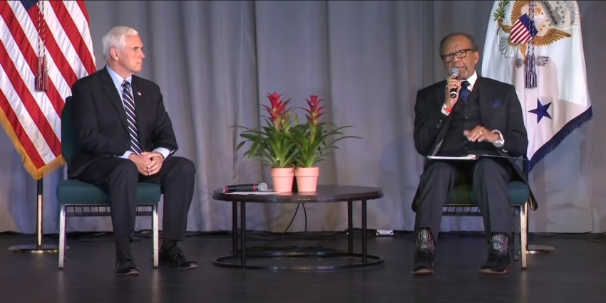 Vice President Mike Pence (left) and Bishop Joseph Garlington, Sr. (right) at a listening session on race at Garlington's Covenant Church of Pittsburgh, Pennsylvania, June 12, 2020.