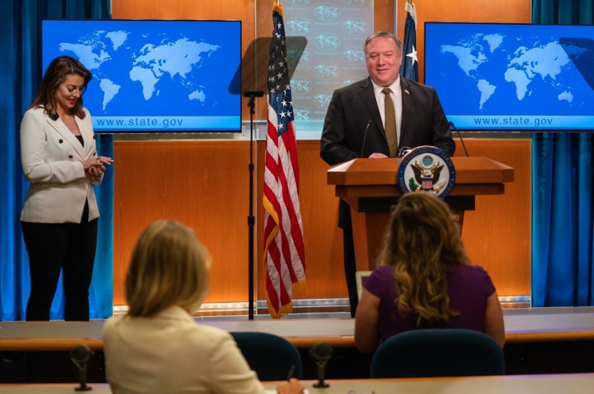 U.S. Secretary of State Mike Pompeo delivers remarks to the media in the Press Briefing Room at the Department of State in Washington D.C., on June 10, 2020.