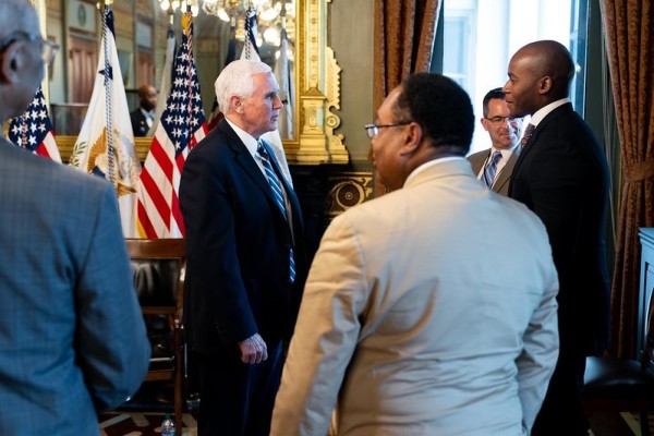 Vice President Mike Pence participates in a listening session with community leaders June 9, 2020, in the Vice President's Ceremonial Office of the White House.