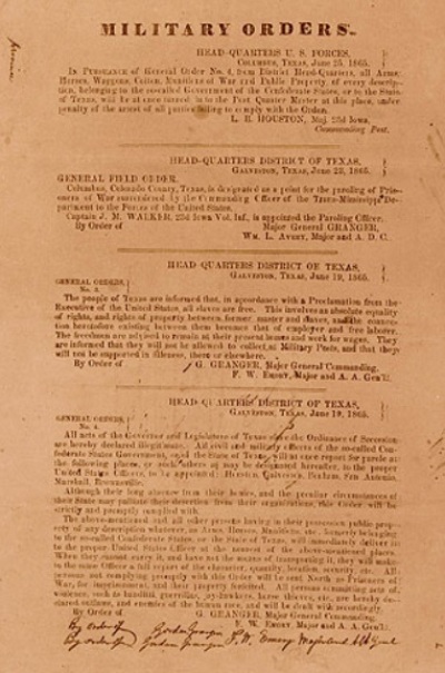 A copy of General Order Number 3 of June 19, 1865, which was issued by Union General Gordon Granger to enforce the Emancipation Proclamation in Texas. The anniversary of this order is celebrated every June 19th as Juneteenth, also called "Freedom Day" or "Jubilee Day." 