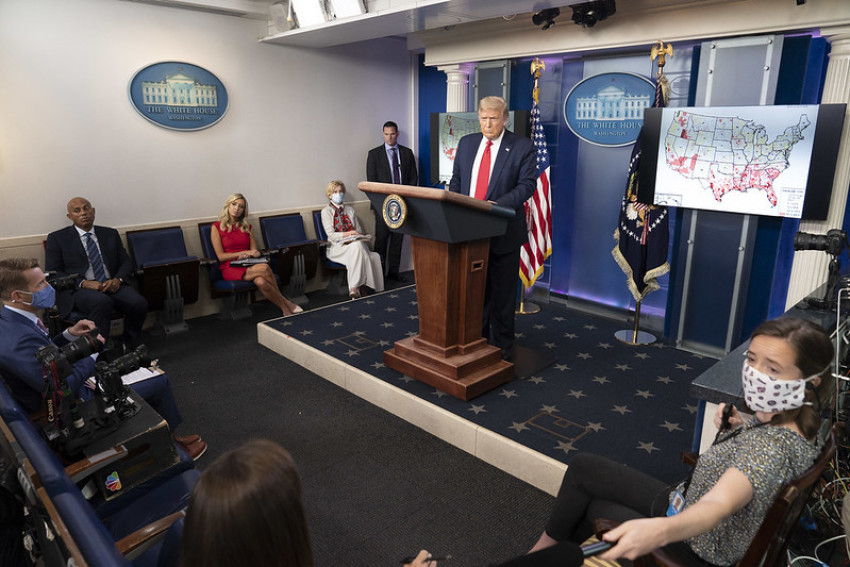 President Donald J. Trump addresses his remarks Thursday, July 23, 2020, in the James S. Brady Press Briefing Room of the White House.