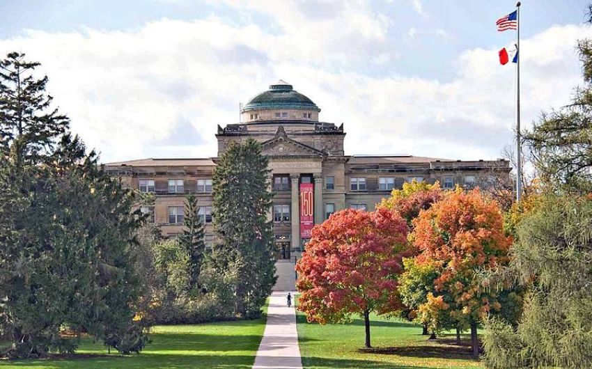 Fall leaves show their colors in front of Beardshear Hall on the campus of Iowa State University in Ames.