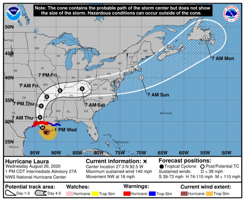 The projected path of Hurricane Laura, as of Wednesday afternoon Aug. 26. 2020, according to the National Hurricane Center.