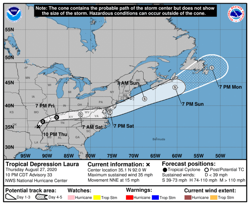 The projected path of Hurricane Laura as of Friday, August 28, 2020, according to the National Hurricane Center.