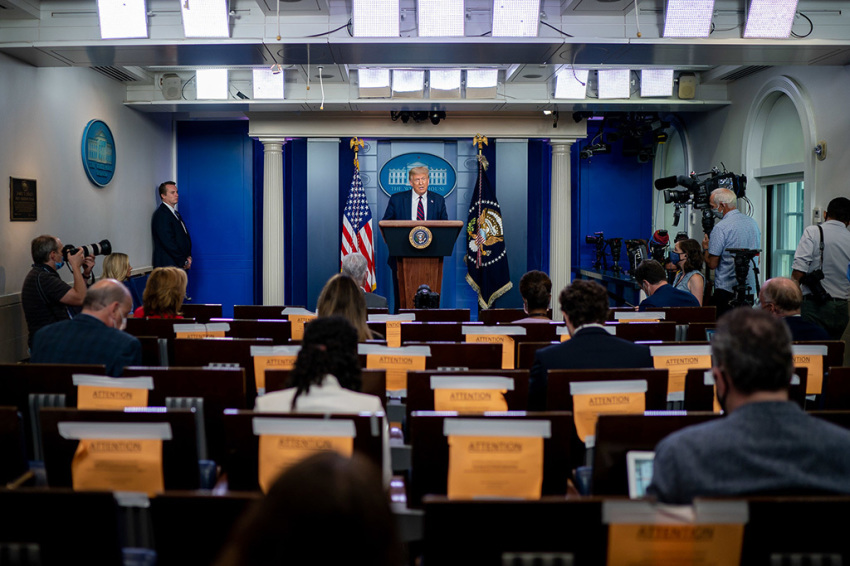 President Donald J. Trump addresses his remarks during a news conference on July 30, 2020, in the James S. Brady Press Briefing Room of the White House. 