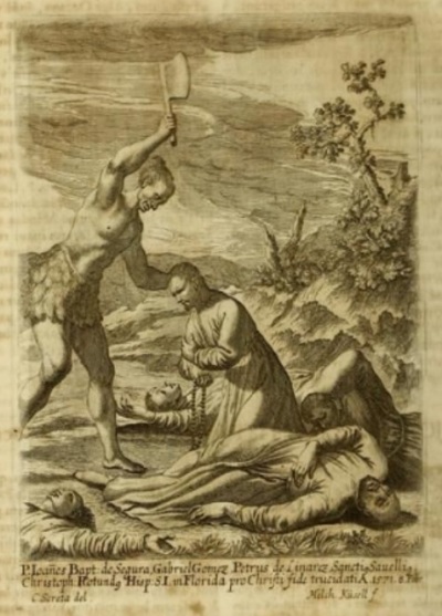 A seventeenth century engraving depicting the martyrdom of Jesuit missionary Juan Baptista de Segura and his companions in modern day Virginia in February 8, 1571.