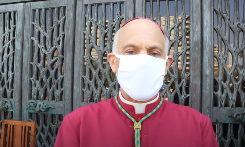 San Francisco Archbishop Salvatore Cordileone speaks at the "Free the Mass" protest, Sept. 20, 2020.