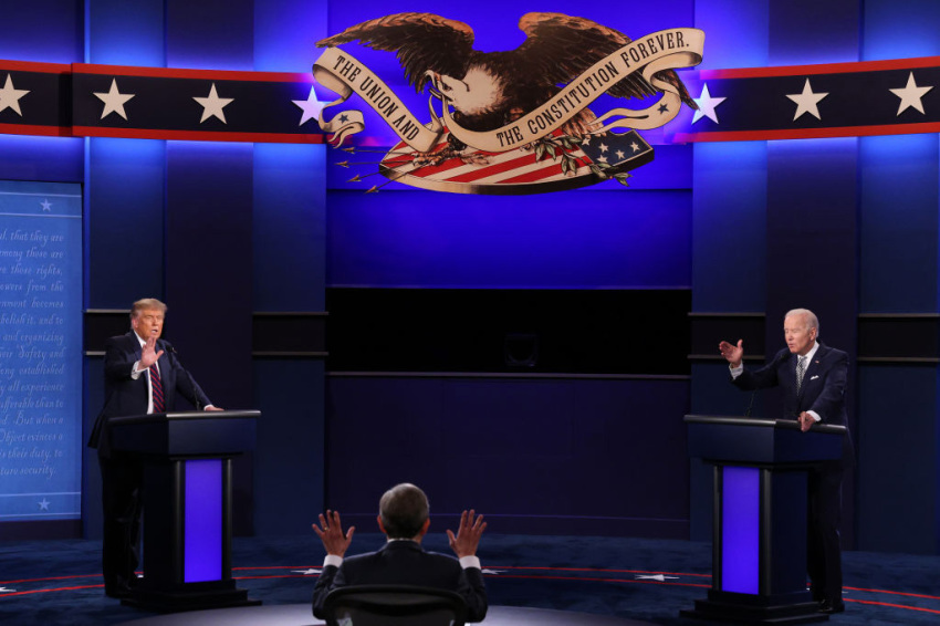 U.S. President Donald Trump and Democratic presidential nominee Joe Biden participate in the first presidential debate moderated by Fox News anchor Chris Wallace (C) at the Health Education Campus of Case Western Reserve University on September 29, 2020, in Cleveland, Ohio. This is the first of three planned debates between the two candidates in the lead up to the election on November 3, 2020.