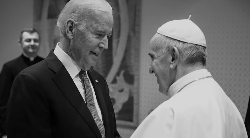 Former Vice President Joe Biden meeting with Pope Francis in a photo that was part of a Biden presidential campaign ad uploaded to YouTube on Sept. 28, 2020.